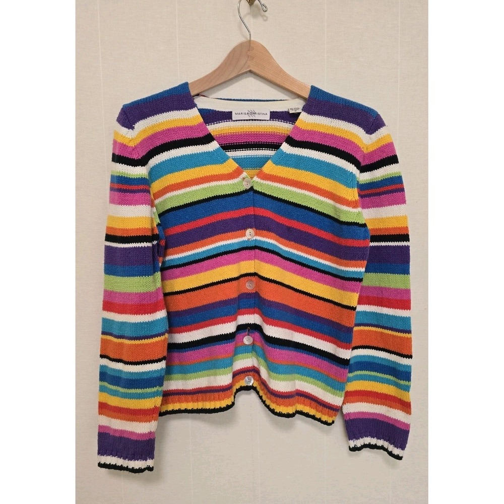 Womens 90s Vintage Cardigan Sweater Bright Colorful Stripes Size Medium Cotton